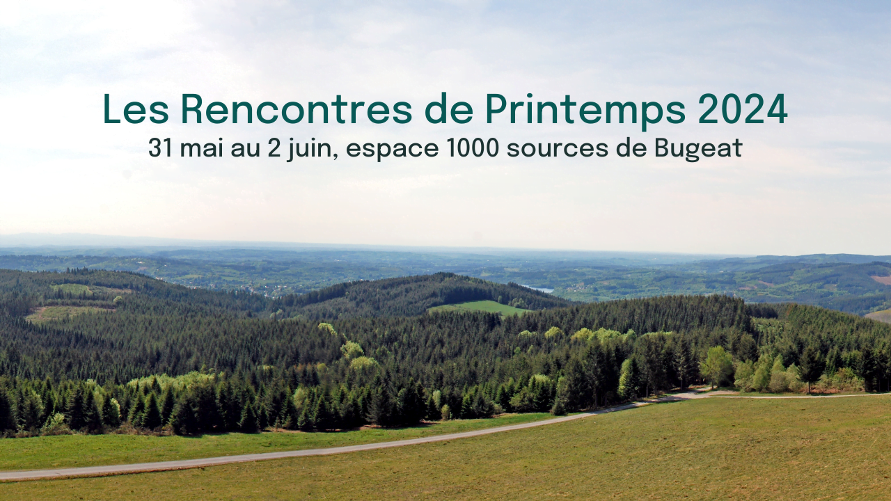 Affiche des Rencontres de printemps 2024 de l'association Alliance Santé Planétaire se déroulant du 31 mai au 2 juin 2024 à l'Espace 1000 sources de Bugeat (France)